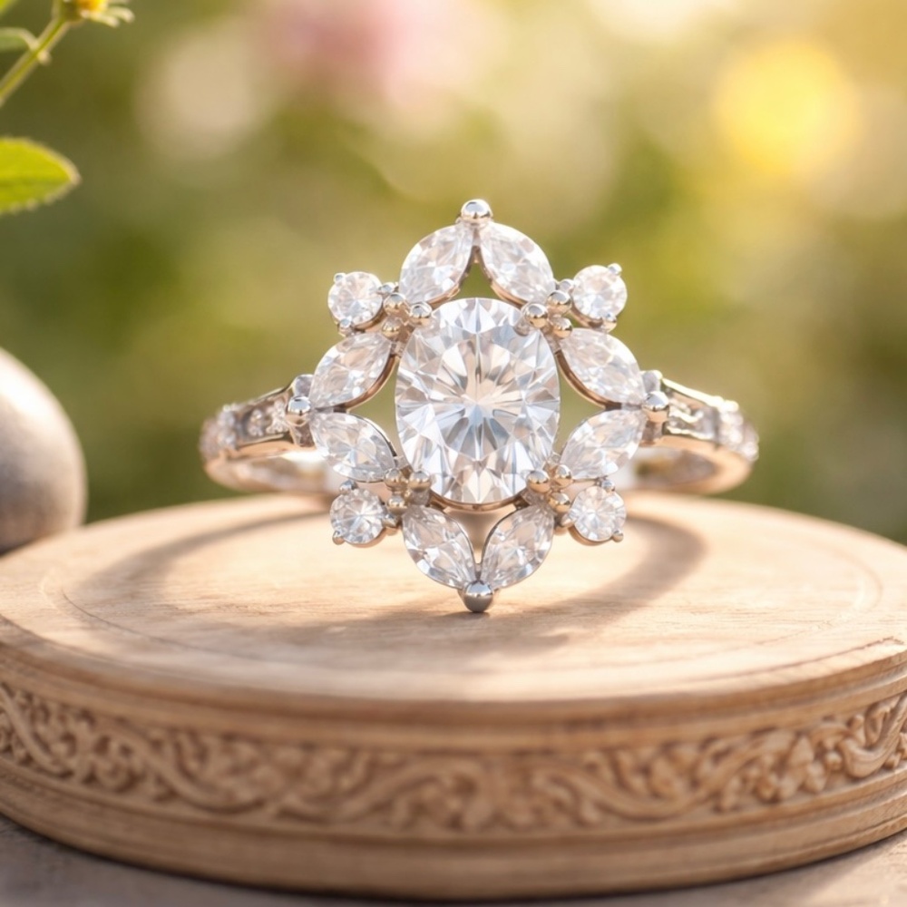 1 Carat Moissanite Ring | D Color VVS | Sterling Silver Gold Vermeil Halo Ring